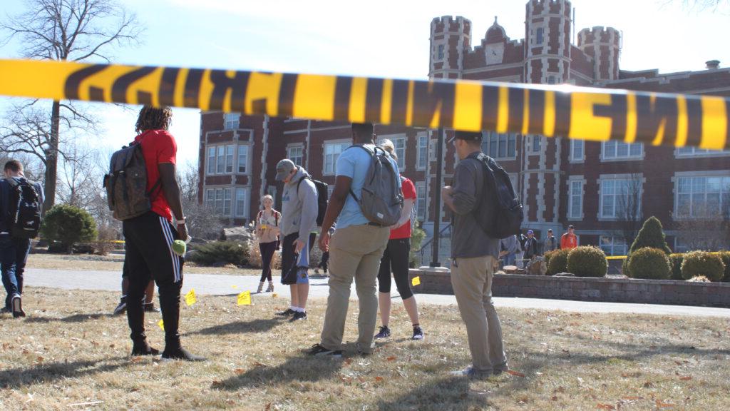 Students on campus doing a drill